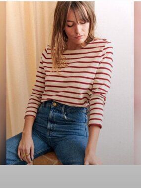 Sezane Red & White Striped Boatneck Top with Shoulder Buttons